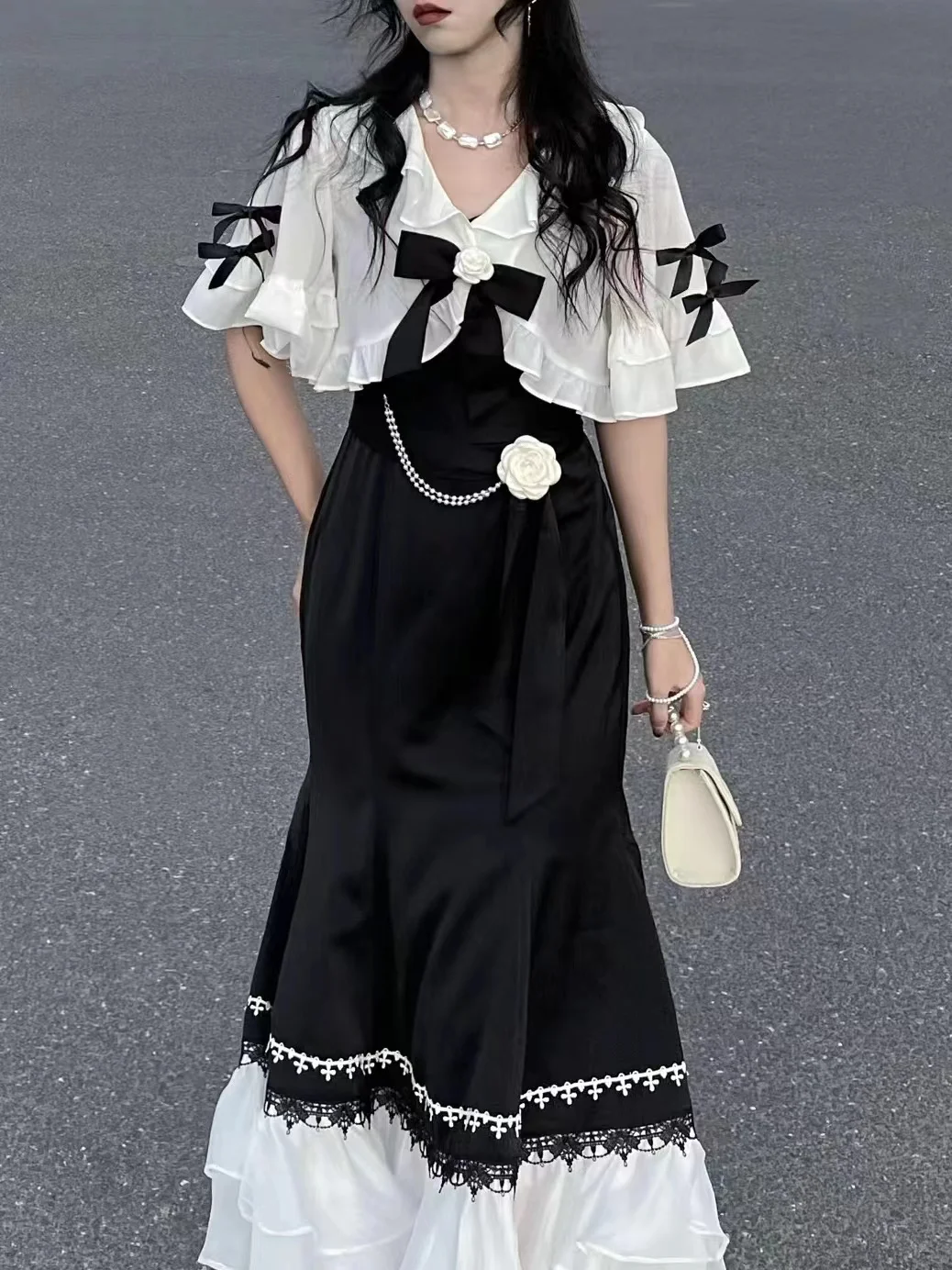 Japanese 2000s Style Y2k Soft Girl White Cape + White Black Patchworked Ruffle Dress Two Piece Set Woman 2024