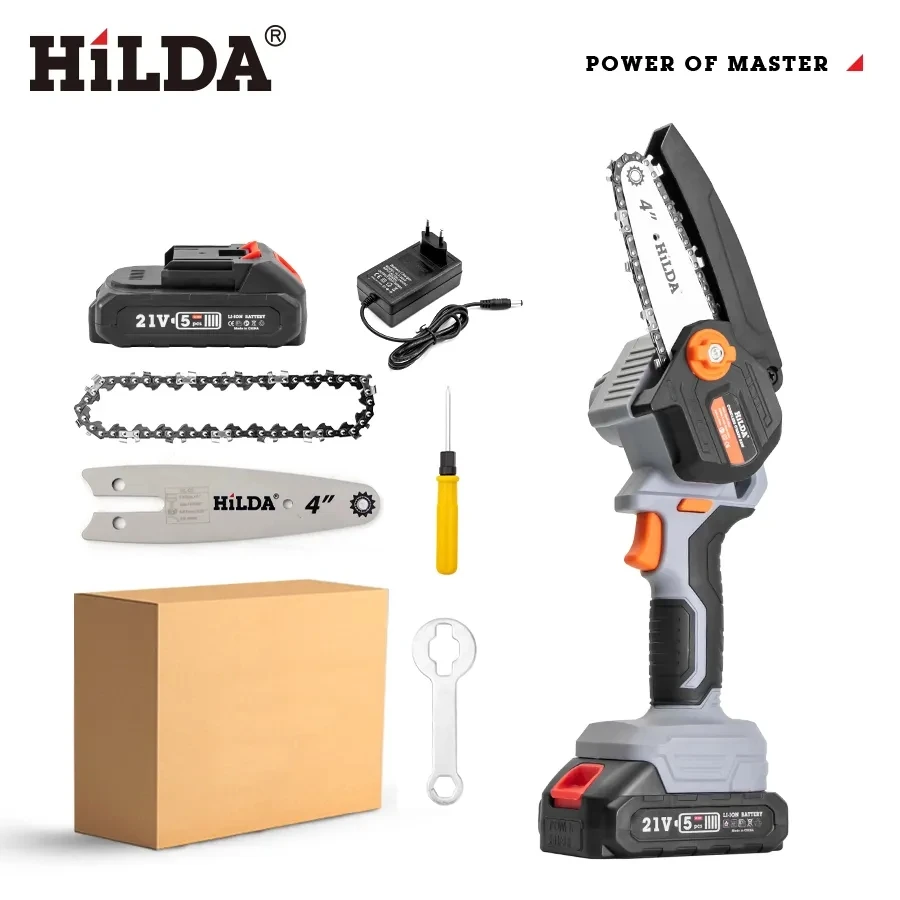 HILDA 21V Cordless Chain Saw 4 Inch Portable Mini Saw Lithium Electric Logging Saw Power Tools Garden Tools