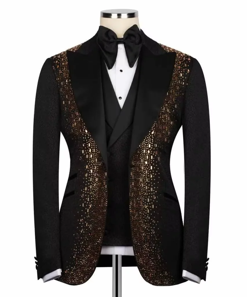 Customized Men's 2 Piece Slim Fit Tuxedo Set Luxury Formal Business Wedding Groom High Quality Gold Embroidery Suits for Men