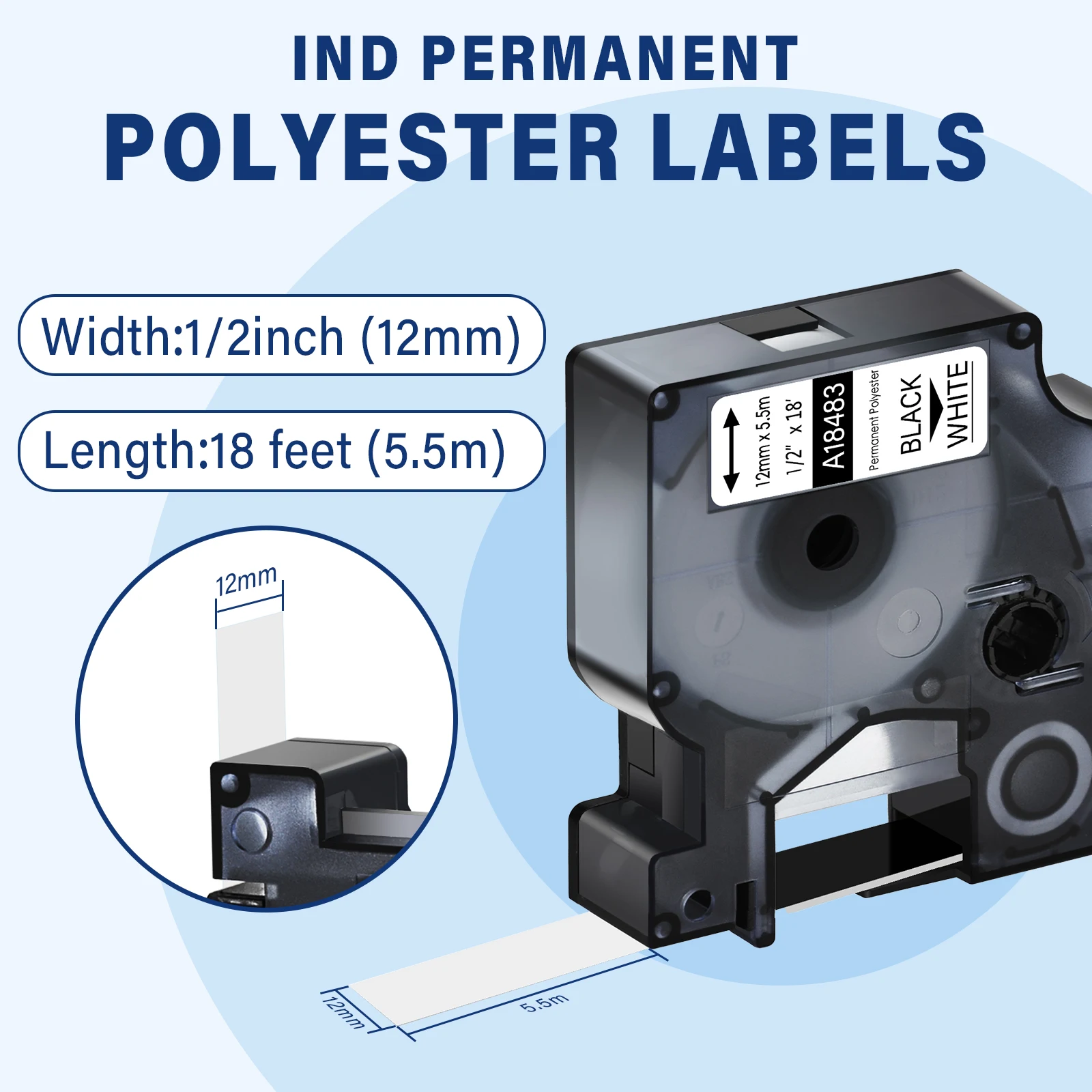 5/10PK Industrial Label Tapes Compatible for Dymo Rhino 18482 18483 18484 Black on White 9/12/19mm IND Permanent Polyester Label