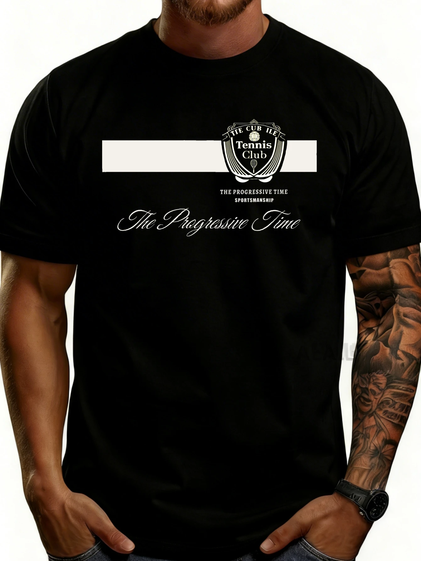 Casual Sports Style Men's T-Shirt with Tennis Club Logo and Progressive Time-Text Design, Suitable for Everyday Wear and Summer Activities, Is the Perfect Gift for Sports Enthusiasts and Fashion Lovers.