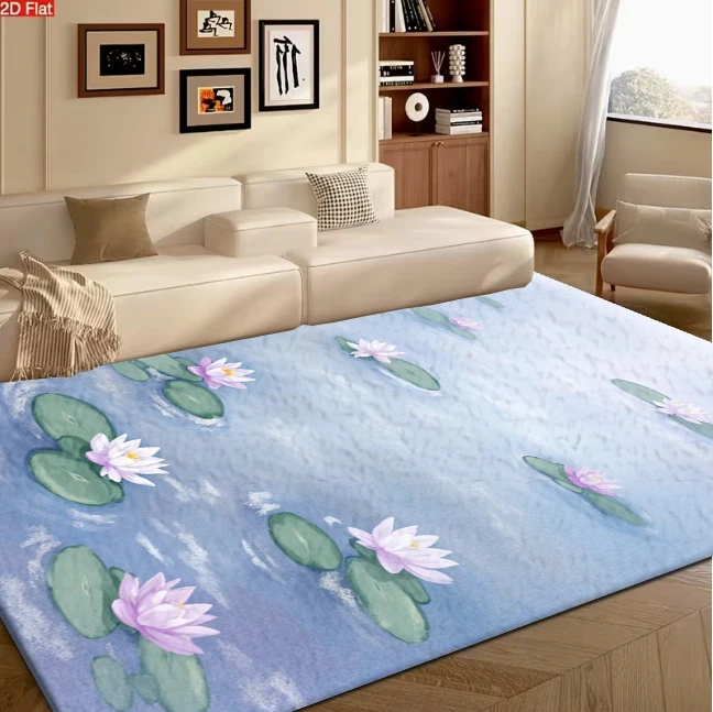 Carpet Flooring Soft Watercolor Water Lily Lotus Pond Art Printed Carpet Flooring Aesthetic Home Indoor Floor Decoration Rug