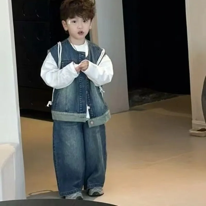 Kids' Autumn New Korean Style Denim Vest Jeans Cape Two Piece Set for Boys Stylish Trendy Fashion
