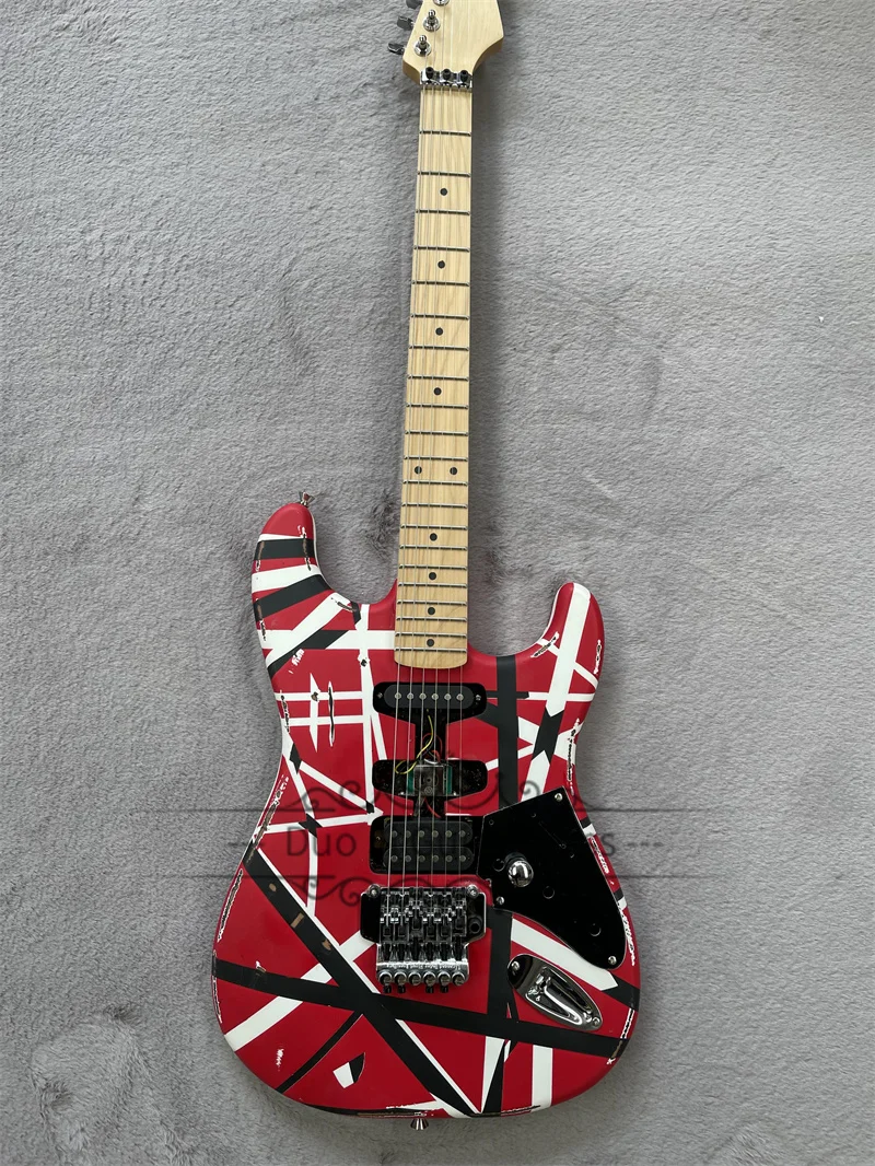 

Vintage Electric Guitar VH Matte Red Guitar Black And White Stripe Top Tremolo Bridge Alder Wood Body Maple Neck