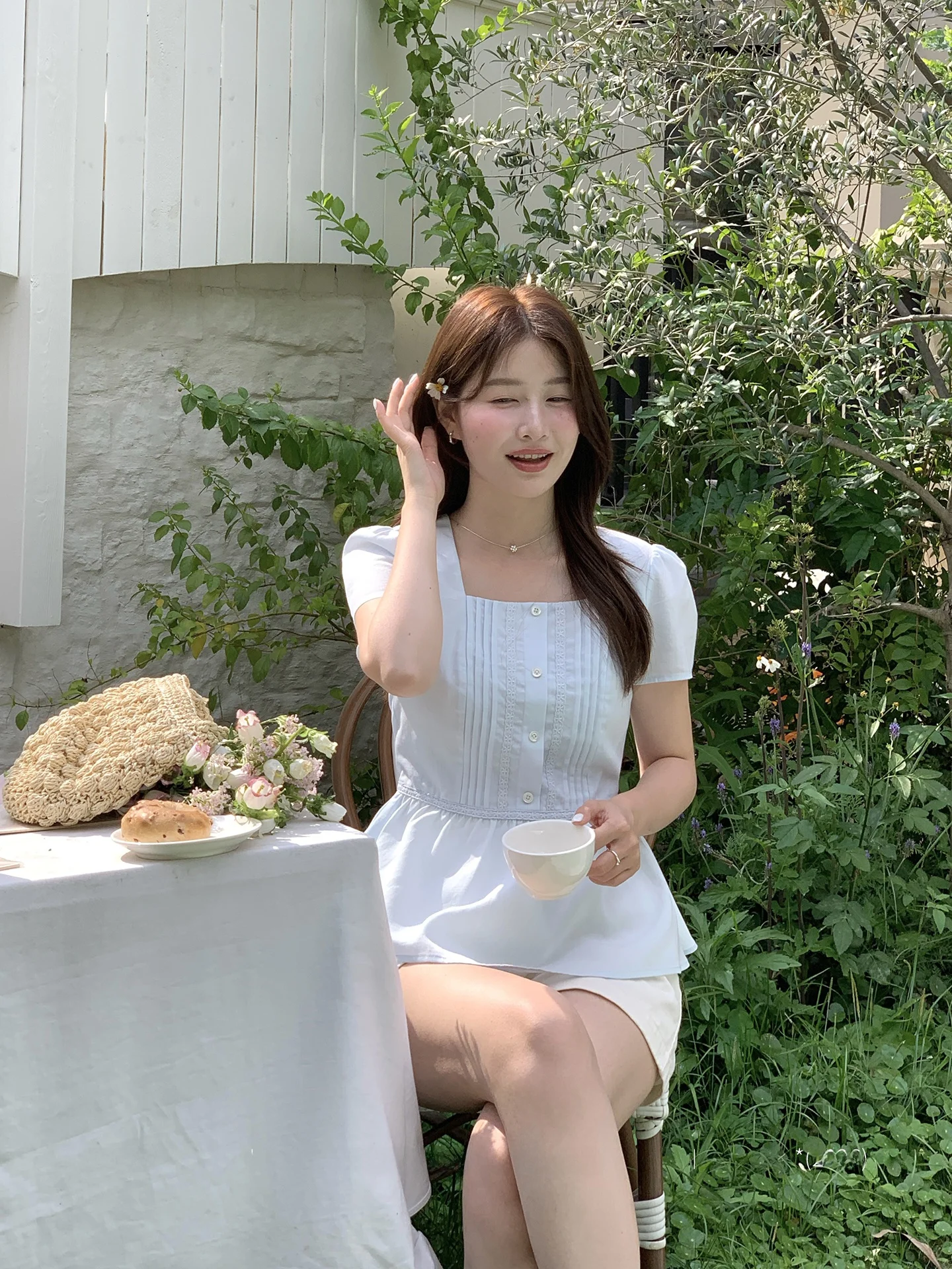 

Женская рубашка в корейском стиле Miao, летняя, нежная, светло-голубая, с квадратным воротником, рукавами-фонариками, короткий рукав, дышащая, C...