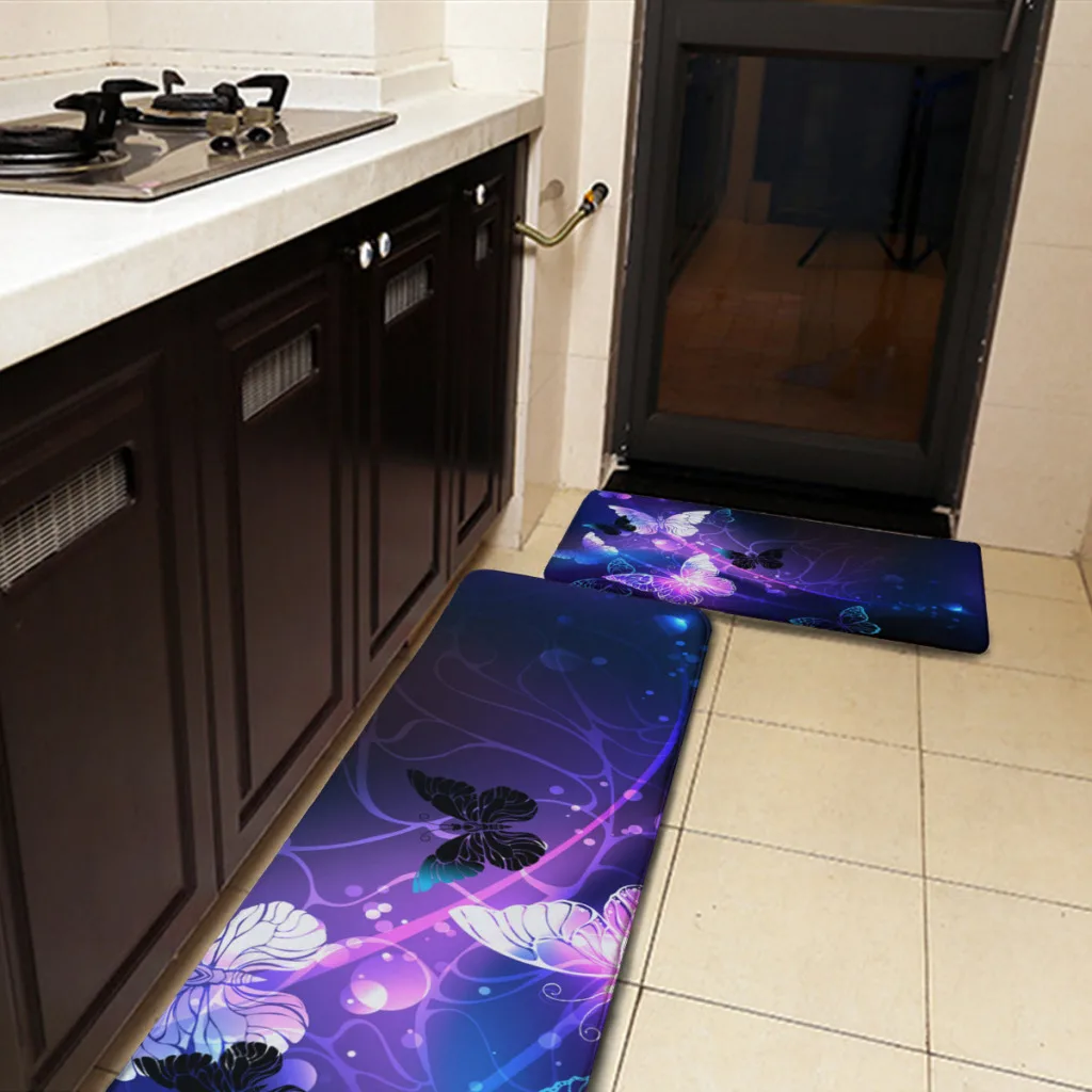 2Pc Kitchen Glowing Night Butterflies Purple On Black Print Floor Mat Living Room Tableware Decor Carpet