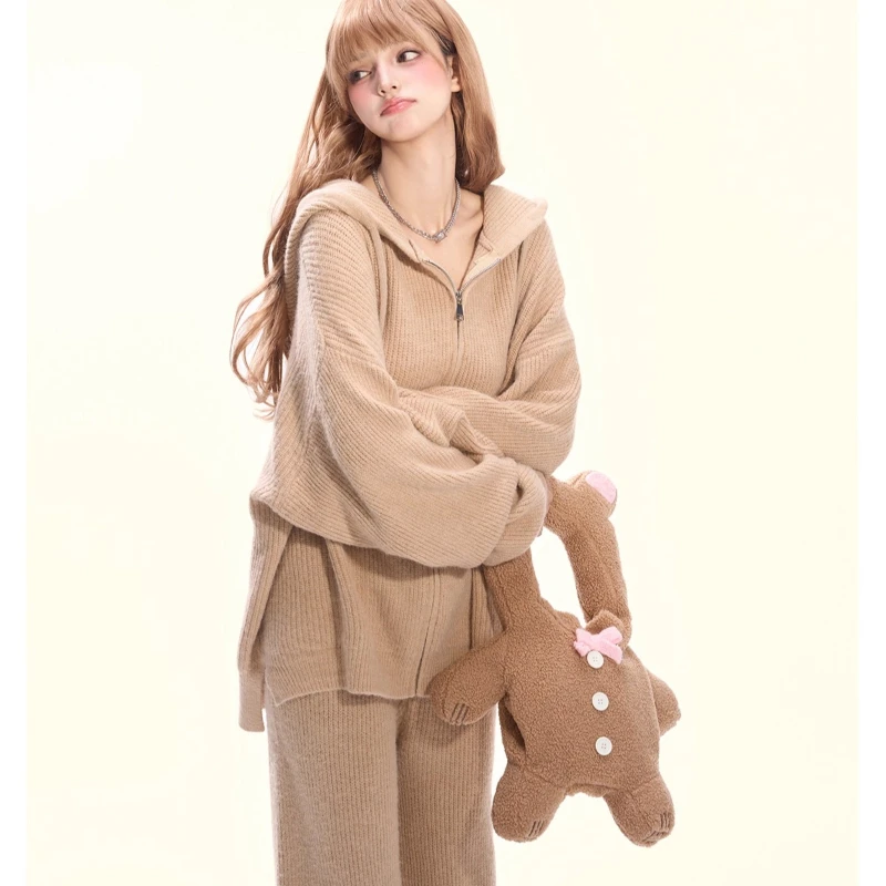 2025 Autumn New Khaki Hooded Zipper Women's Knitted Sweater Korean Retro Design Loose Slimming Wide-Leg Long Pants Set Ladies