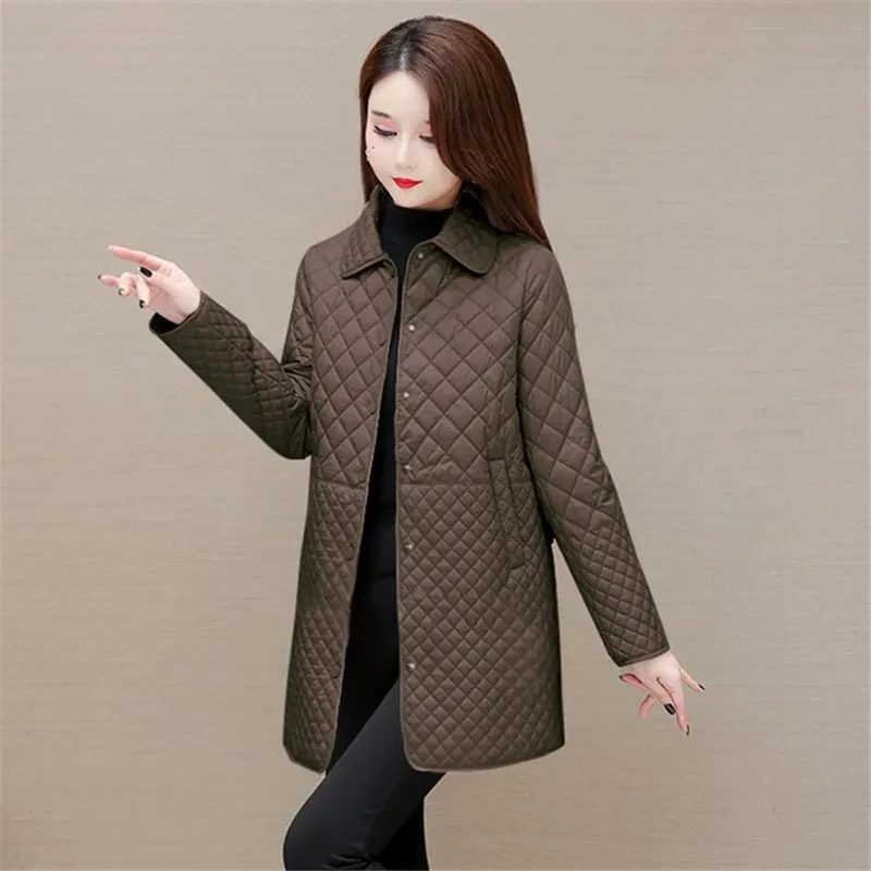 Mid-length Diamond Plaid Jacket Women\'s Overcoat New Spring Autumn Light Cotton Coat Mother\'s Loose Warm Cotton-Padded Coat