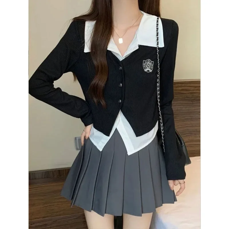 

Sweet Hot Girl College Style Suit Women's Autumn Polo-neck Patchwork Cardigan A-line Pleated Skirt Two-piece Set Female Clothes