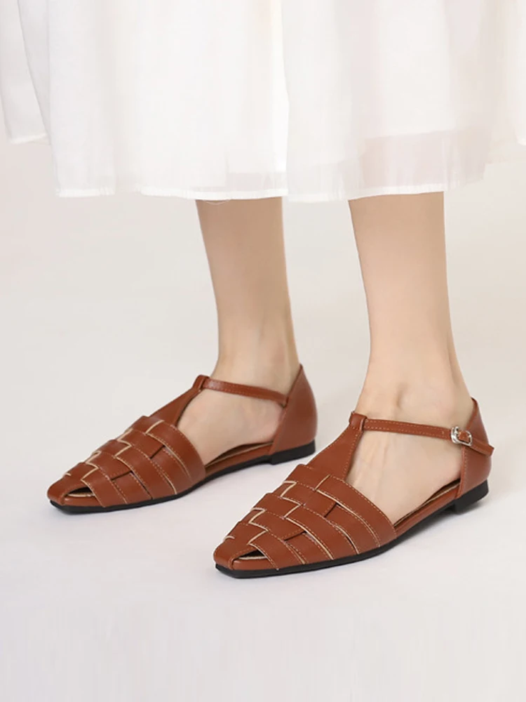 босоножки женские sandalias mujer Women's Sandals Summer 2026 Casual Roman Flat Sandals Cover Toe T-tied Weave Boho Shoes view 6