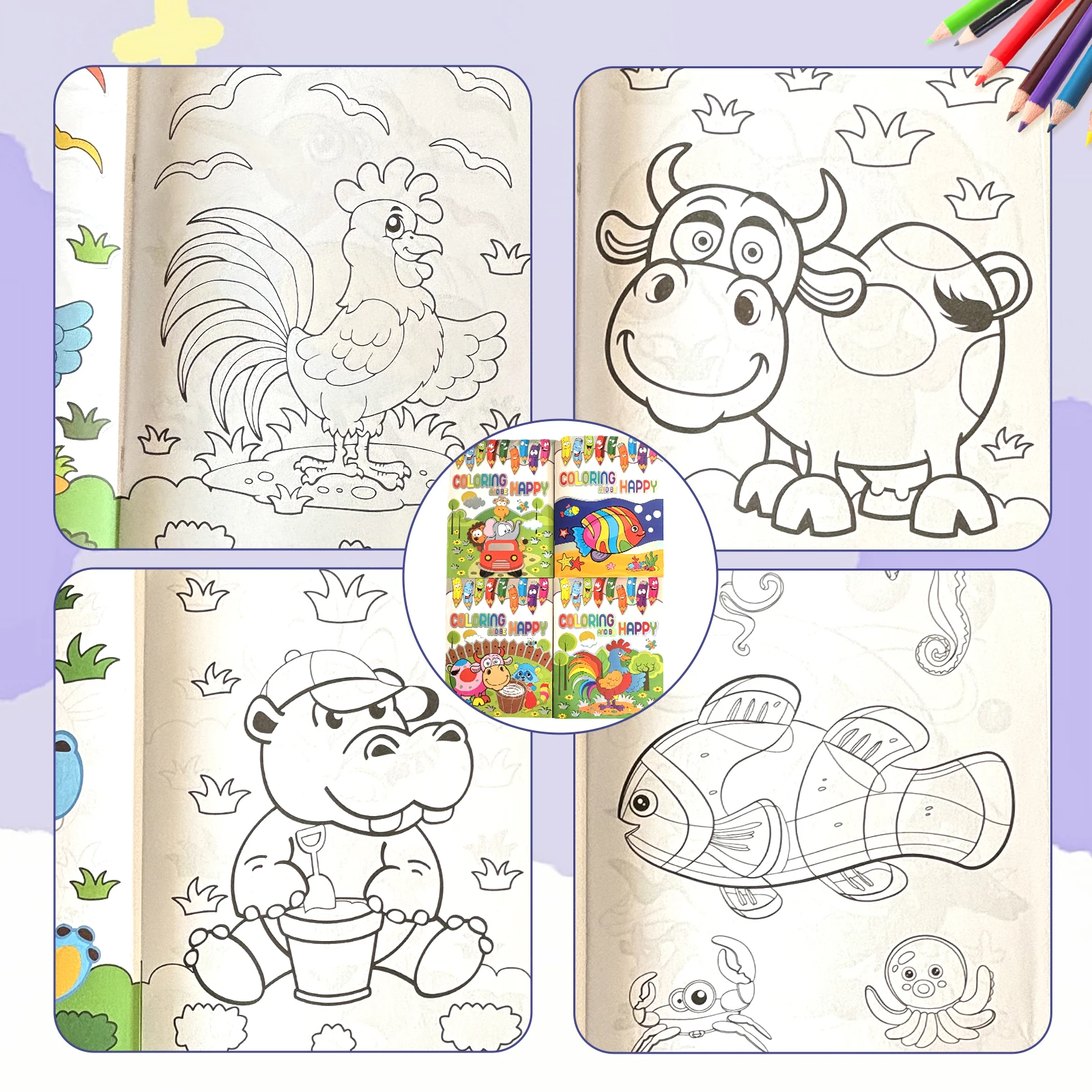 Kids 4 Book Set Coloring And Be Happy Activity Books Animal Themes Boost Creativity Fine Motor Skills