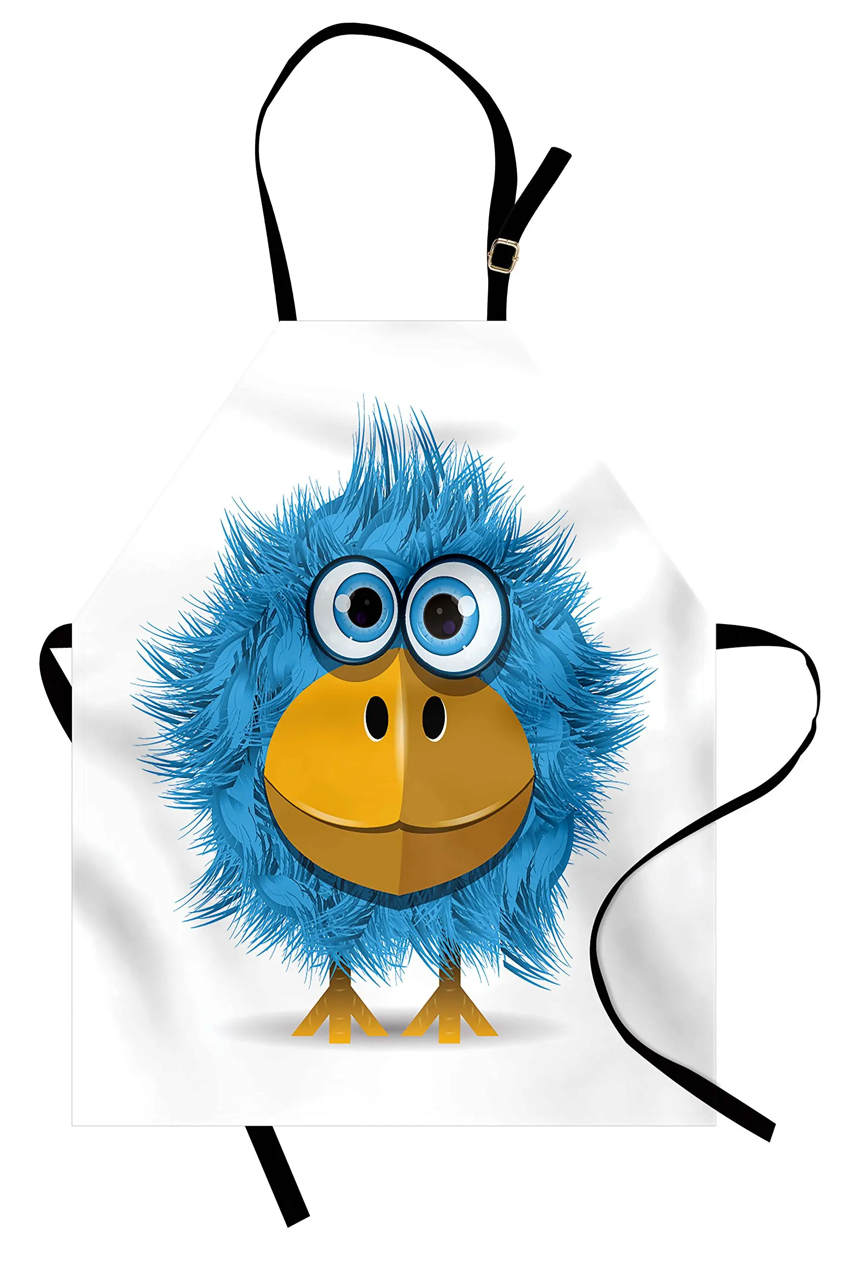 Cartoon Apron, Funny Bird Big Eyes and Beak Feathers Mascot Print, Unisex Kitchen Bib with Adjustable Neck for Cooking Gardening