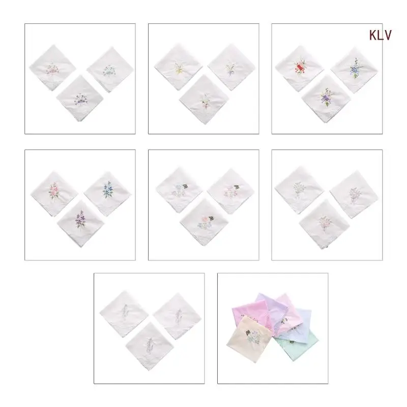 Ladies Cotton Embroidery Handkerchiefs Womens Soft Solid Candy Color Flowers Lace Edging Hankies for Wedding Party