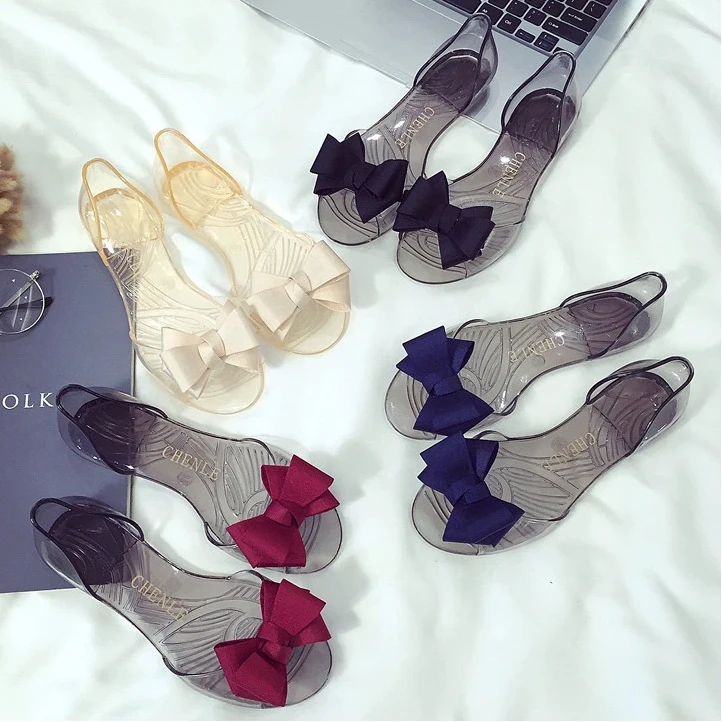 Sandálias Jelly Femininas e para Meninas Tamanhos 36-42, Sapatos Peep-toe com Laço Doce, PVC Transparente, Sapatilhas de Praia de Verão, Sucesso de Vendas INS