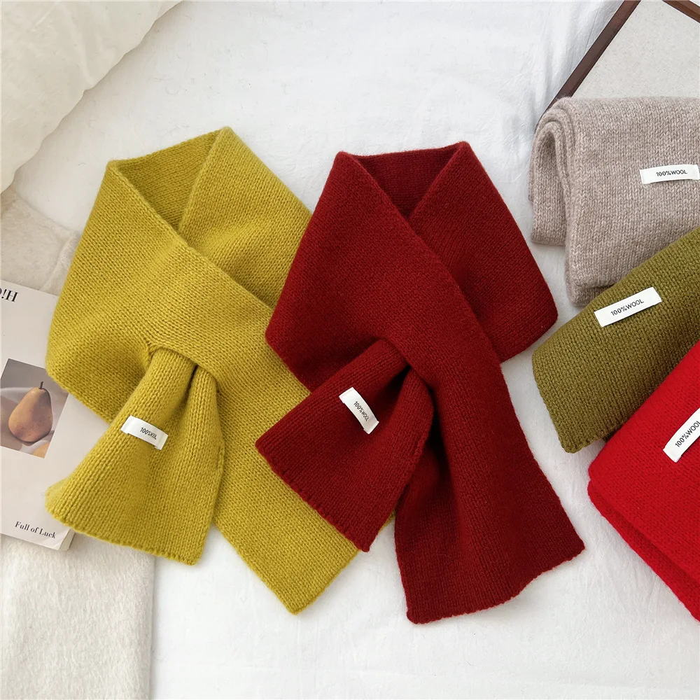 

Крестовый двухслойный шерстяной короткий шарф для женщин, зимний теплый однотонный вязаный шарф для шеи, студенческий корейский стиль, универсальный для мужчин