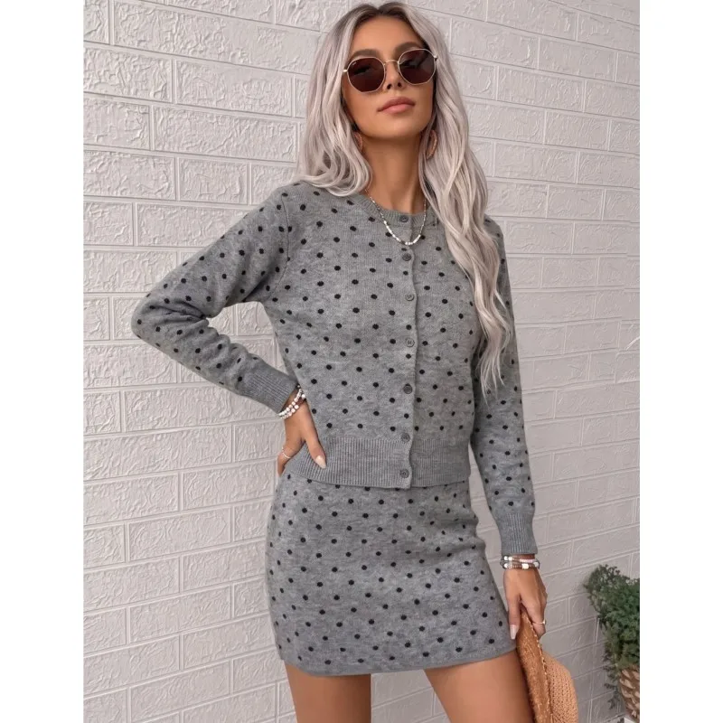 Bohemian Elegant Polka Dot Suit Women's Autumn Fashion O-neck Knitted Cardigan And Short Skirt Two-piece Set Lady Skirts Outfit