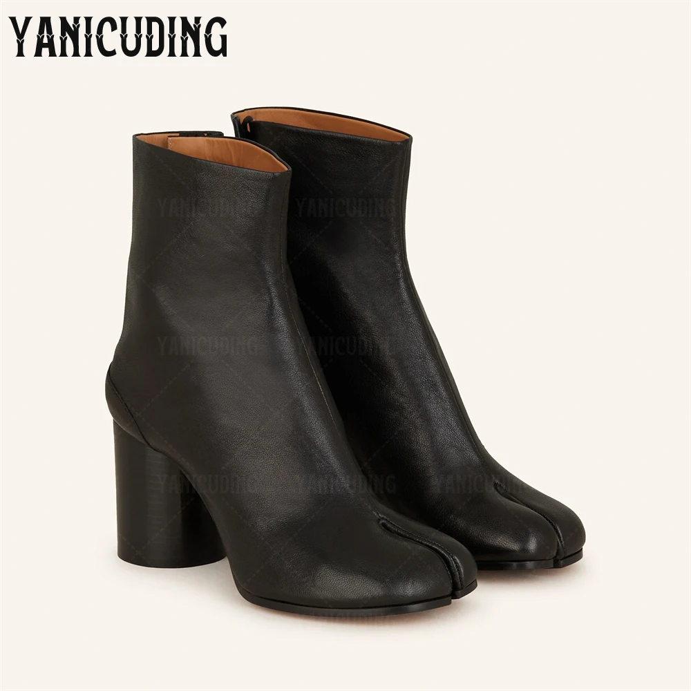 

8cm Cylindrical Heel Tabi Boots Black Leather Split Toe Buckle Boots Fashion Novelty Style Handmade Boots for Women Custom Color