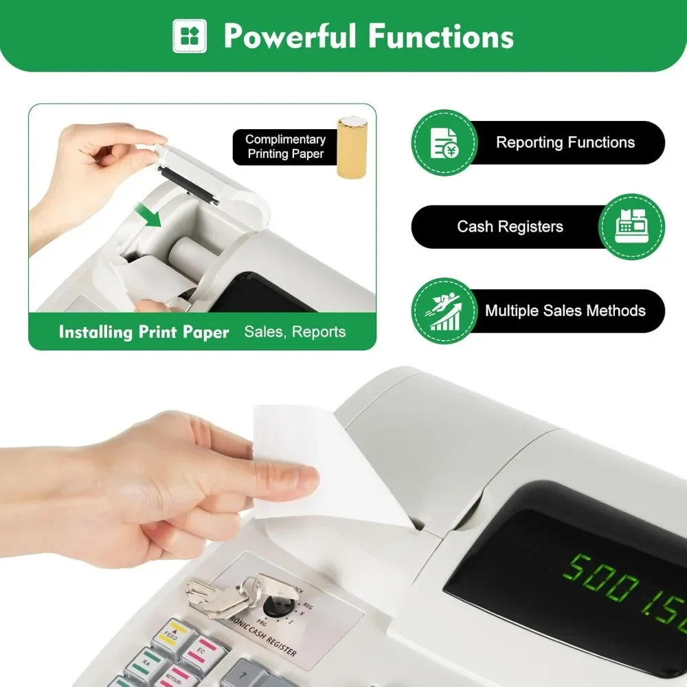 Cash Register Electronic POS System with 4 Bill 5 Coin Slot Reporting Function Removable Tray 47-Keys 6 Digits LED Display