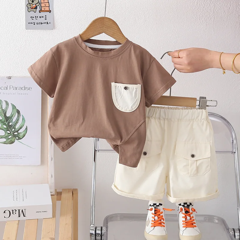 

Повседневная футболка с карманами и шорты-карго для маленьких мальчиков, комплект из 2 предметов, детская летняя одежда, детская одежда с короткими рукавами для детей 1-5 лет
