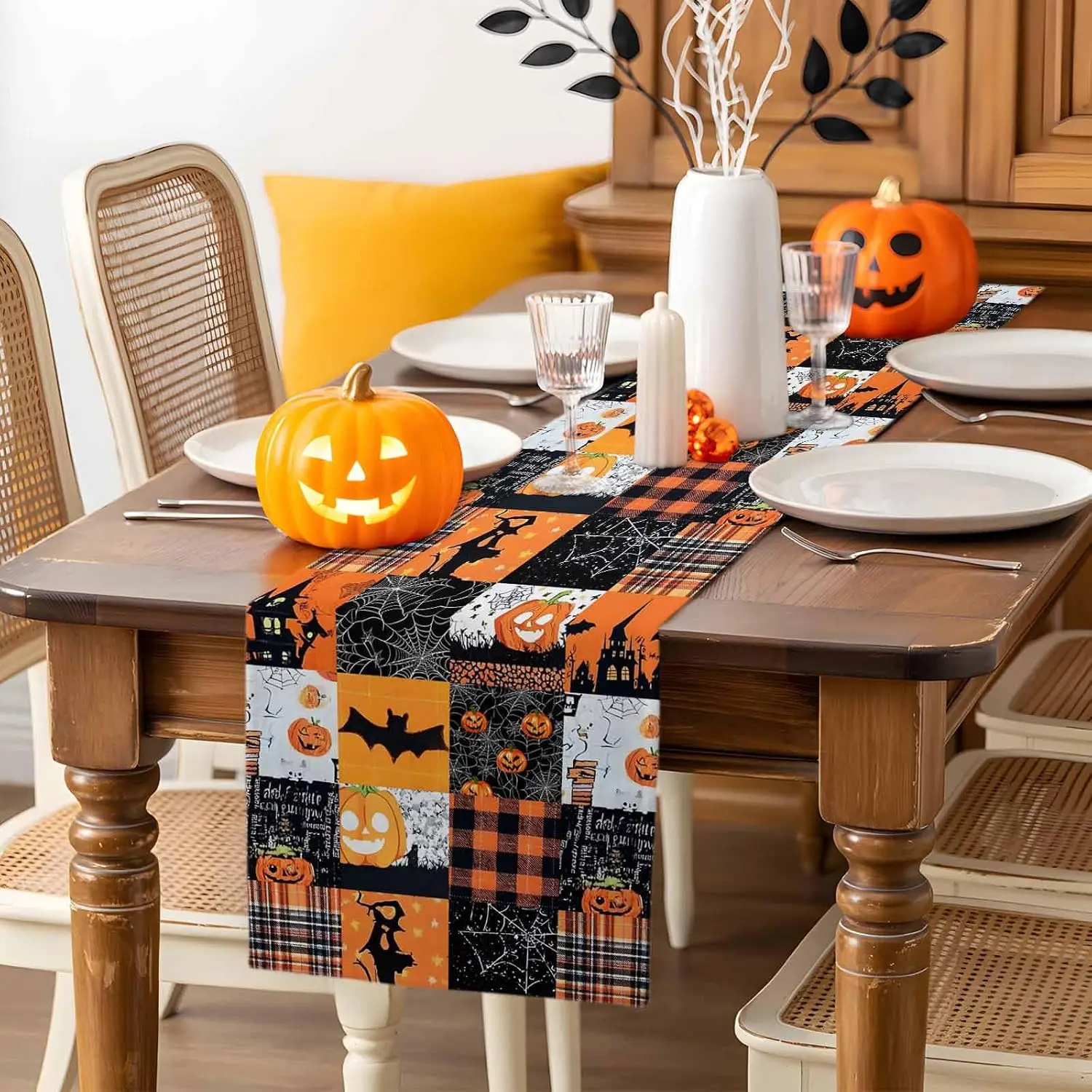 Halloween Pumpkin Castle Bat Cobwebs Plaid Table Runner Party Decor Reusable Kitchen Dining Table Runner Halloween Decorations