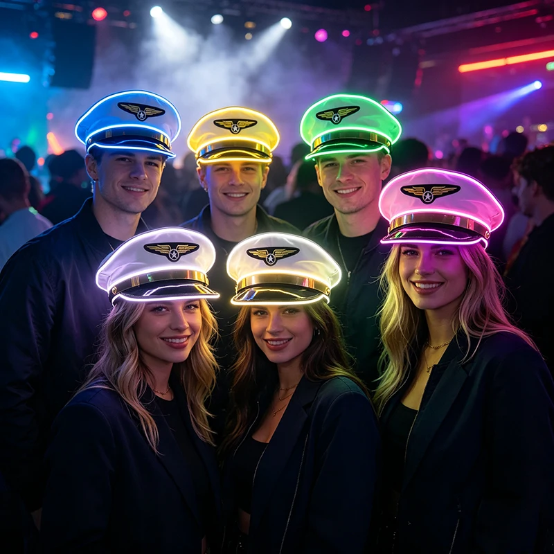 New LED Light Up Captain Pilot Hat Halloween Cosplay Costume Accessory For Night Club Music Festival Rave Party Unisex