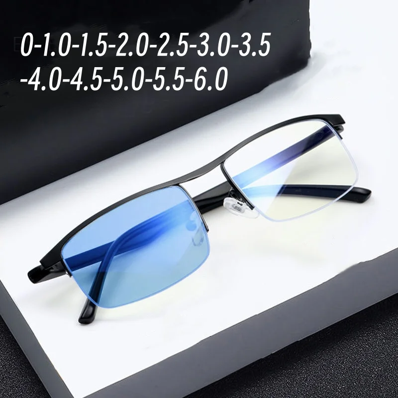 Men's Business Half Frame Photochromic Myopia Glasses Hight Definition Near Sight Eyewear Anti Blue Light Color Changing Glasses