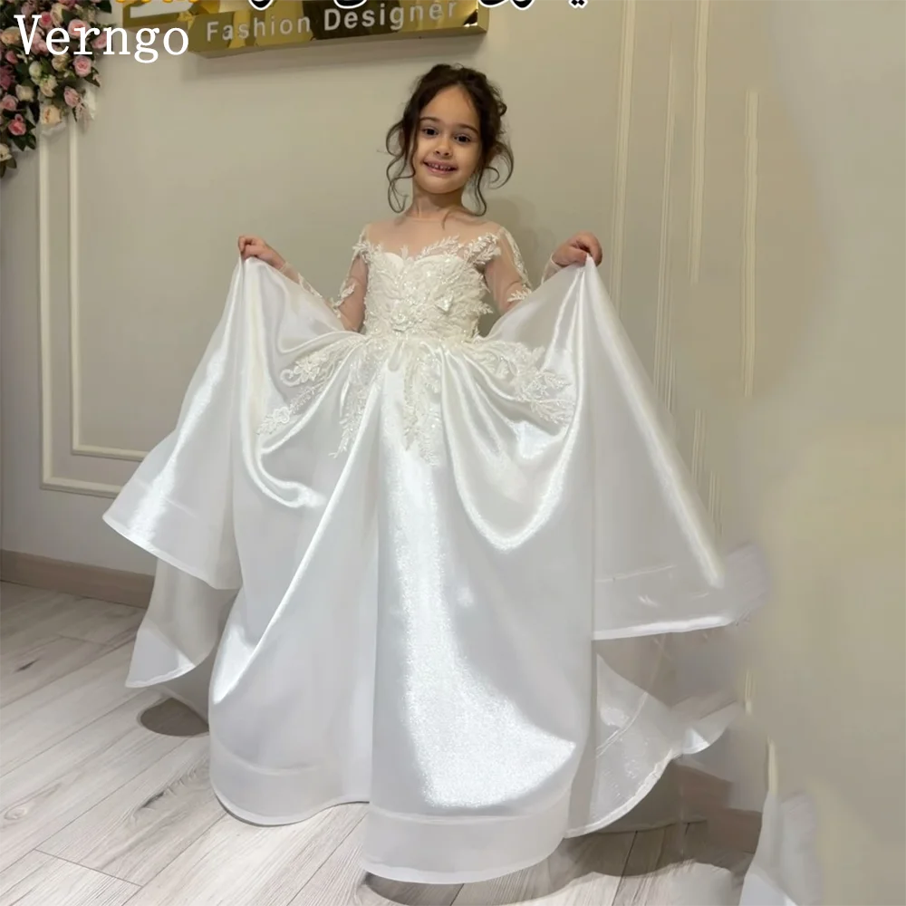 

Verngo Girl White Satin Flower Dress Short Sleeves A Line Tiered Tutu Dress Pincess Formal Party Dress Customized