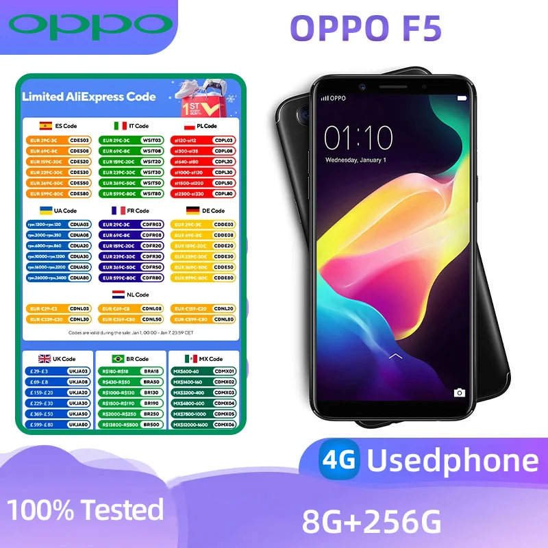 OPPO F5 4G SmartPhone CPU  MediaTek Helio P23  6.0-inches Screen 3200mAh 20MP Camera Android Used Phone