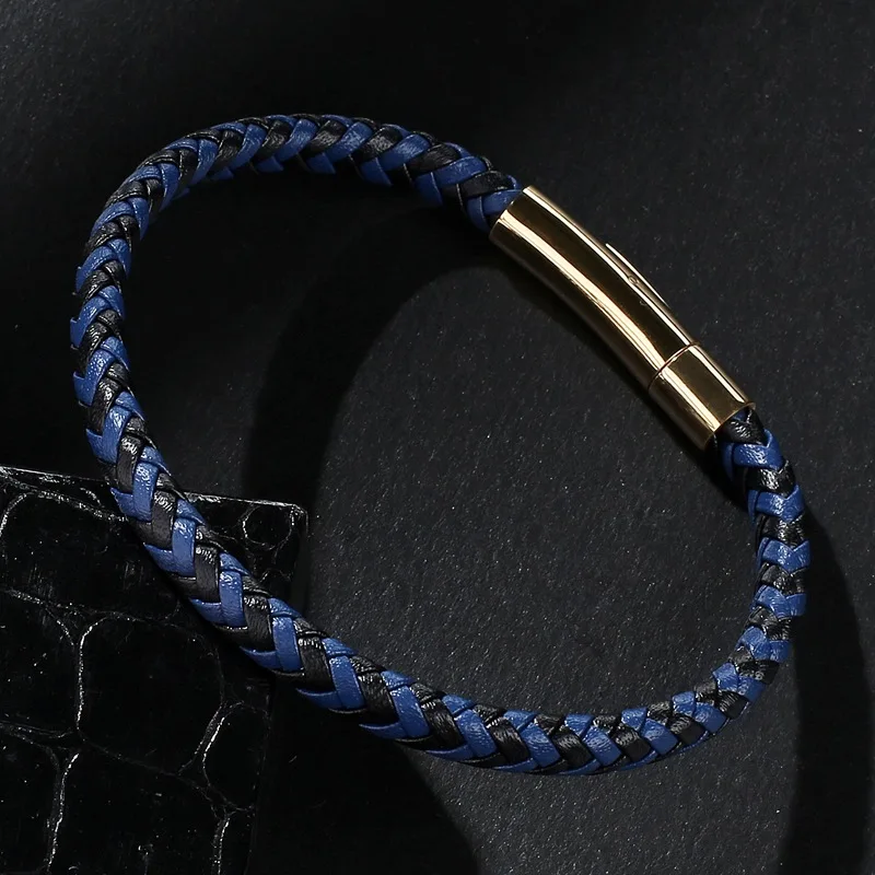 MKENDN Simple Style Men Titanium Steel Bracelet Blue Black Leather Braided Rope Man High Quality Stainless Steel Button Jewelry