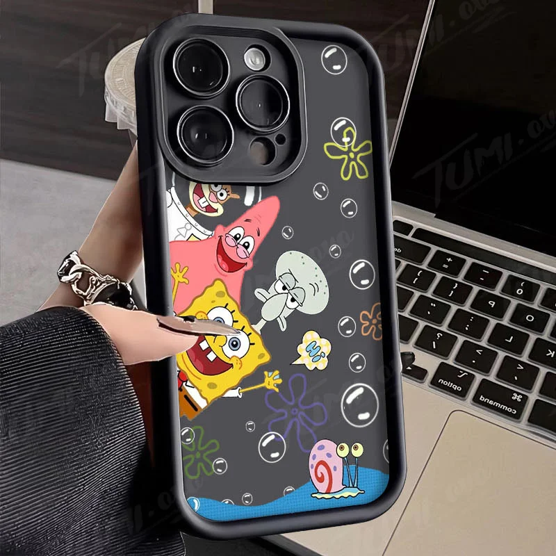 Anime SpongeBobs Silicone Phone Case for iPhone 14 15 Pro Max 13 12 11 X XS XR 7 8 Plus SE 2020 Matte Printing Protective Cover