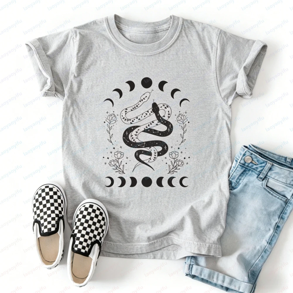 Moon Phase Snakes Youth Shirt Midweight Garment Dyed Witchy Snake Tee Graphic T Shirts Women Clothing Tops High Quality Cotton