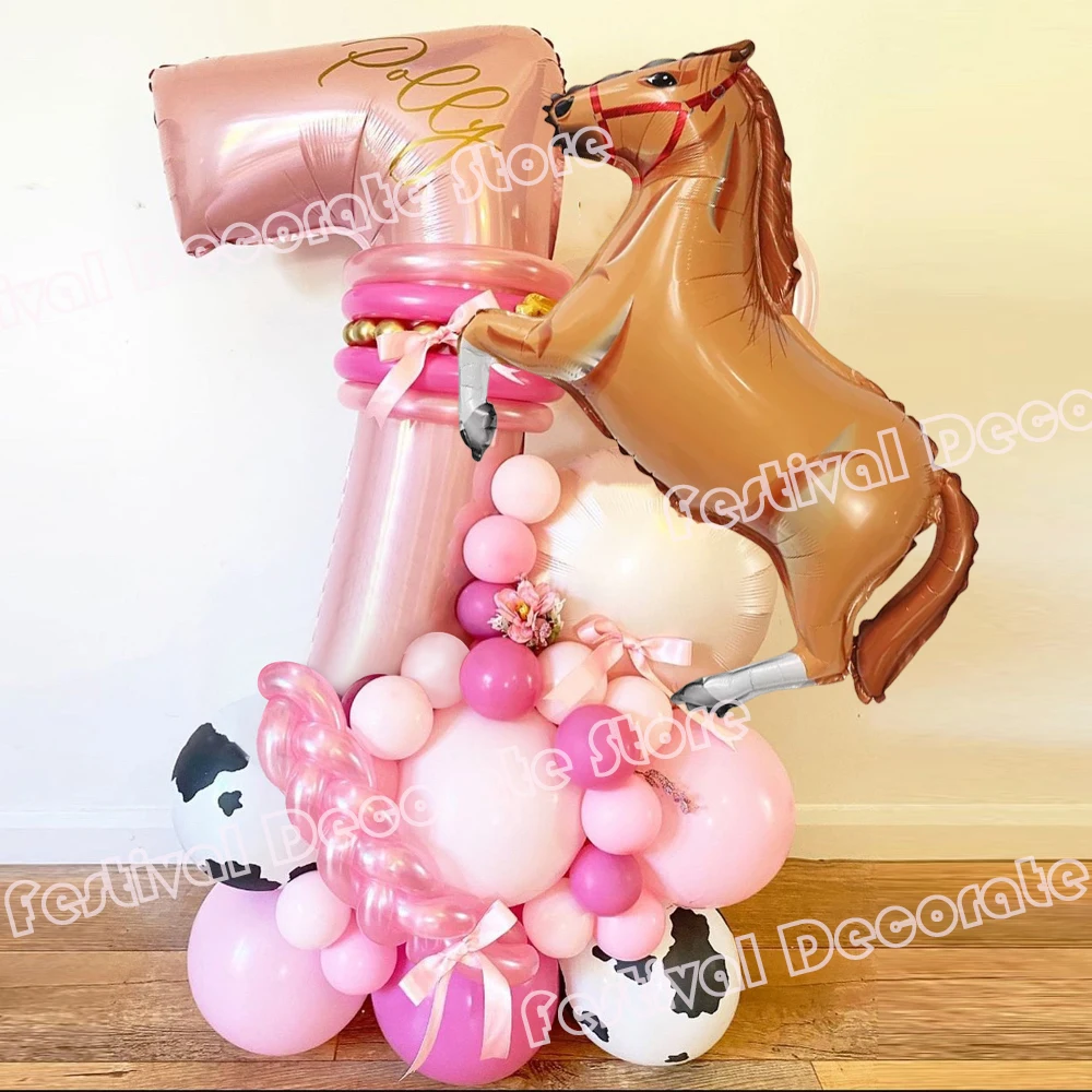 25pcs Horse Farm Party Themed Balloon Kit with 40inch Large Pink Number Baloons Western Cowgirl 1-9 Years Birthday Party Supplie