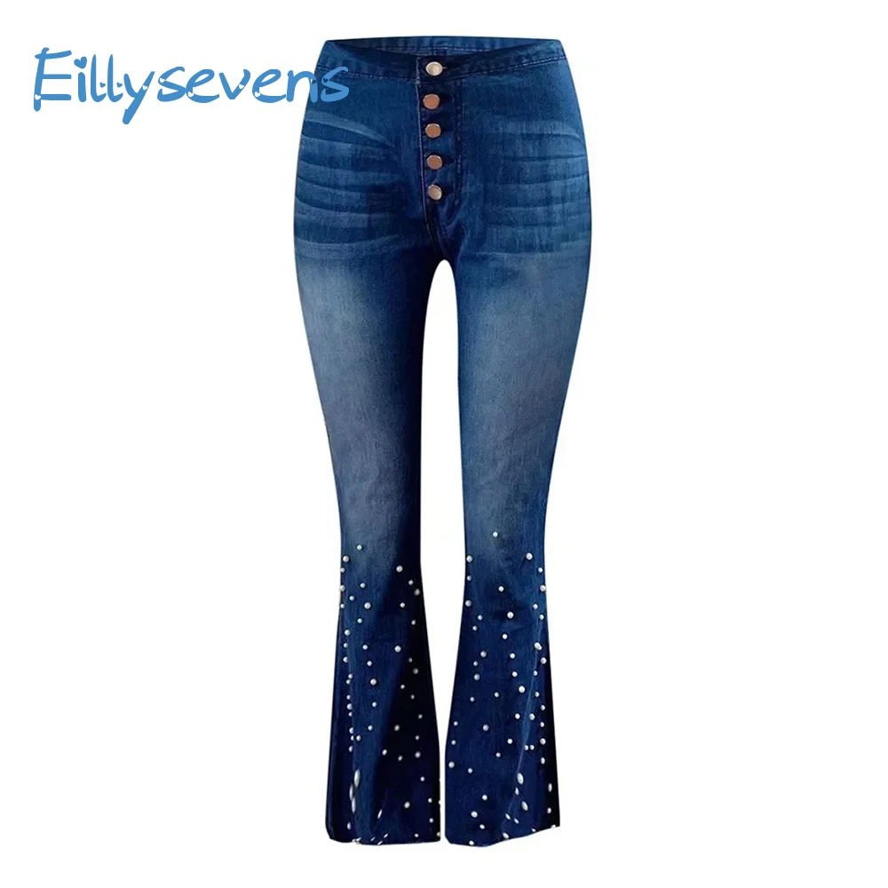 Denim Jeans For Women Fashion High Waist Jeans Button Tassel Pants Trousers Bell-Bottom Pants Slim Fit Street Style Jeans