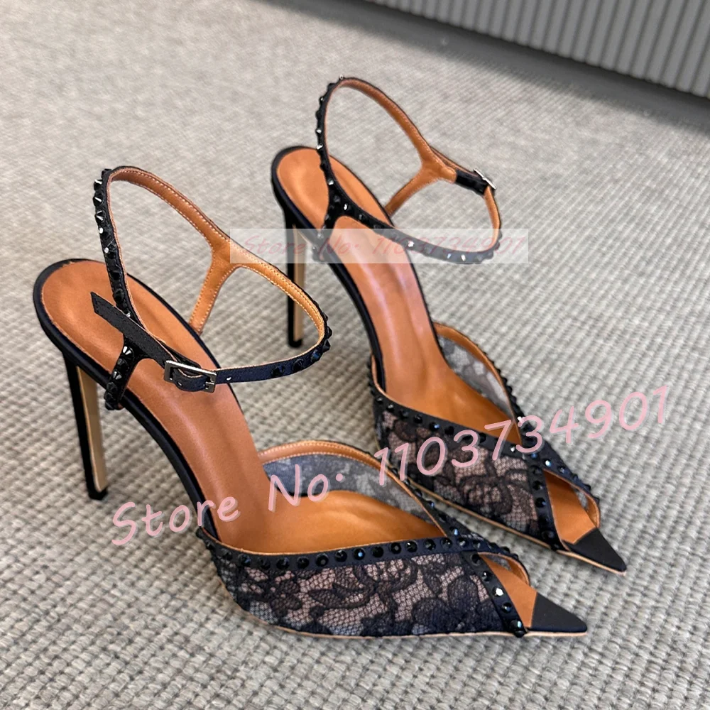 White Flower Lace Crystals Peep Toe Sandals Ladies Pointy Toe Summer Chic Elegant Shoe Fashion Party Casual Stiletto Sandals