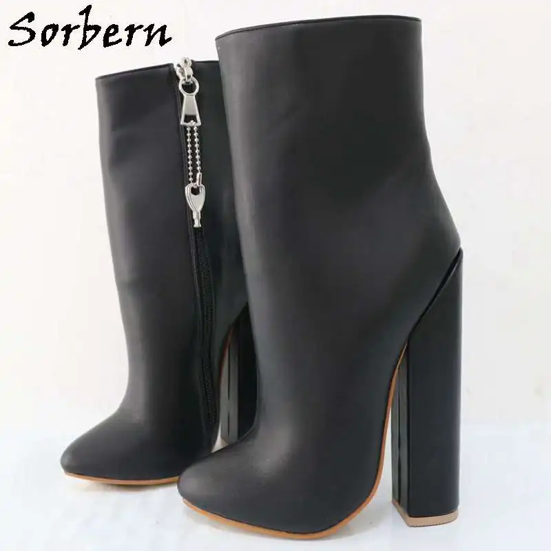 Sorbern Black Matte Ankle Boots For Women Block High Heel Lockable Zippers Short Booties Chunky High Heel Shoes Custom