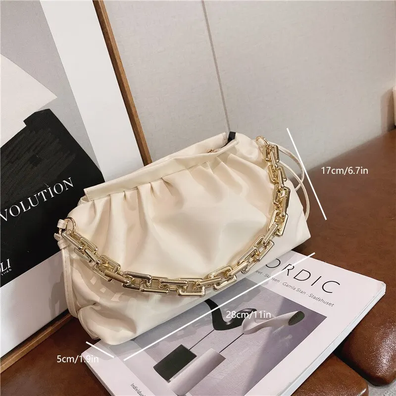 Women New Fashion Soft Clouds Pleated Satchel Chain Carrying Temperament Small Shoulder Bag Solid Color Simple Crossbody Bag