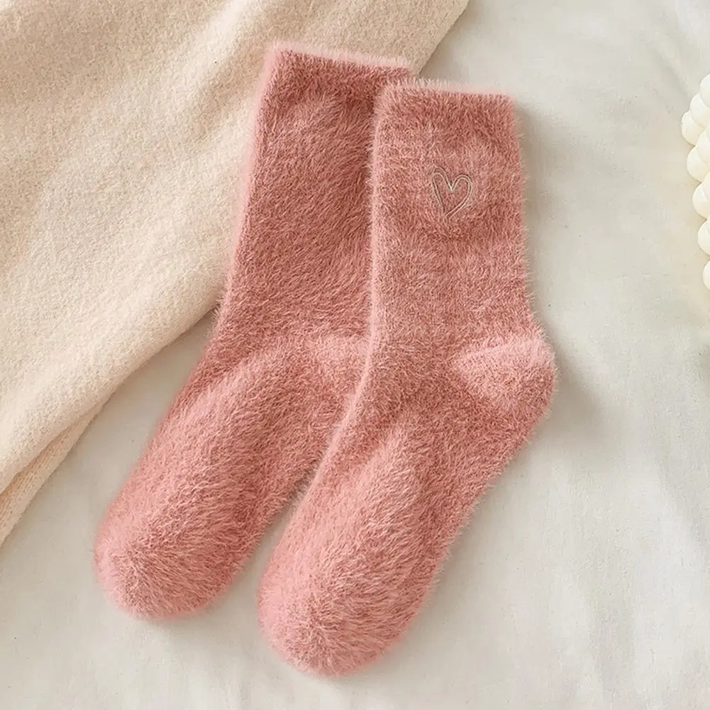 1 Pair Winter Floor Socks Thickened Plush Mid-tube Elastic Heart Embroidery Socks Anti-slip Comfort Warmth Women Sleeping Socks