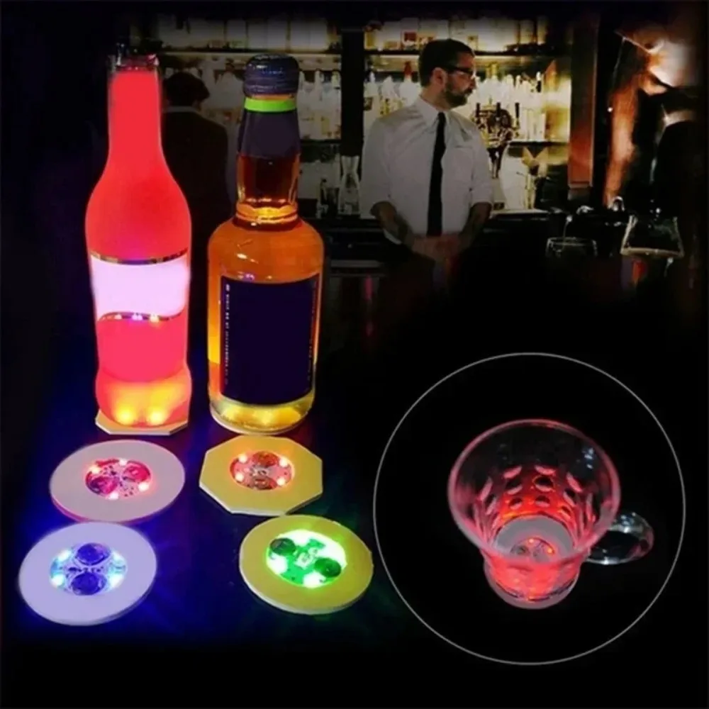 10Pcs Cup Decoration LED Luminous Coaster Round Lightweight Glowing Wine Cup Mat Battery Powered Luminous Cup Sticker Pub