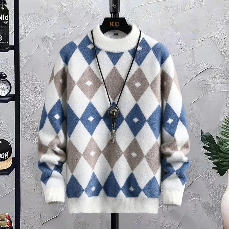 

2023men's Autumn and Winter New Pullover Sweater Diamond Plaid Casual Sweater