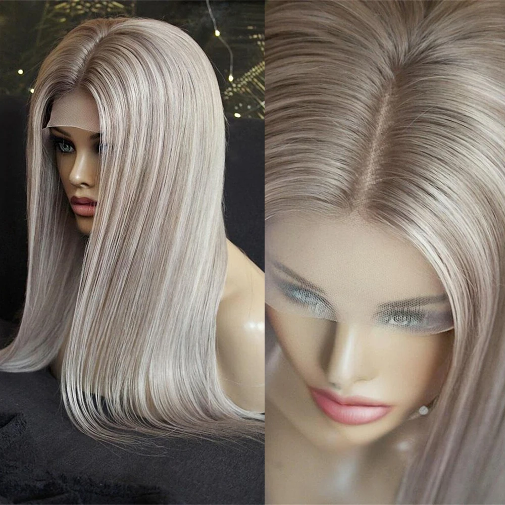 

Синтетический парик с фронтальной застежкой, прямой, длинный, серый с светло-русыми прядями, с оттенками пепельного блонда и омбре, для женщин, легко надевать