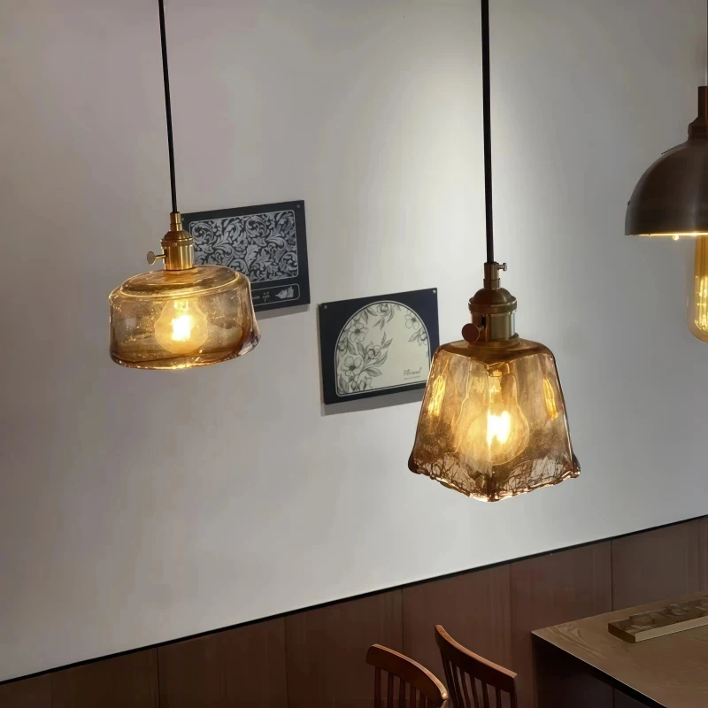 Vintage Amber Hand Blown Glass Pendant Light Brass Socket E27 Square Hanging Lamp for Kitchen Island Bar Cafe Bedroom Decor