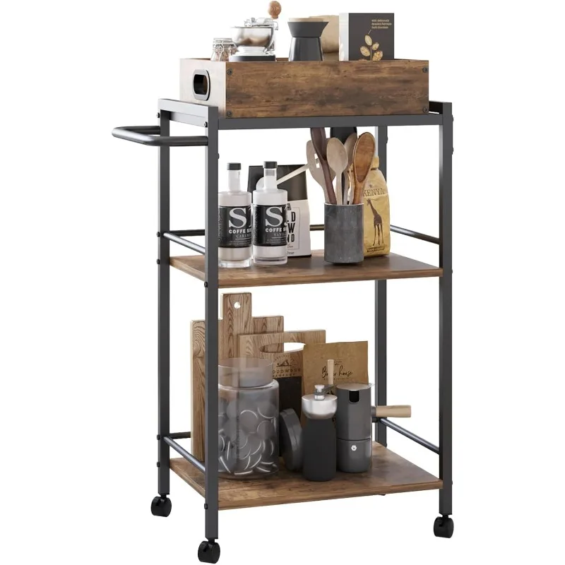 Bar Cart for The Home, Serving Cart with Wheels and Handle, 3-Tier Beverage Cart with Removable Tray and Storage Shelves。