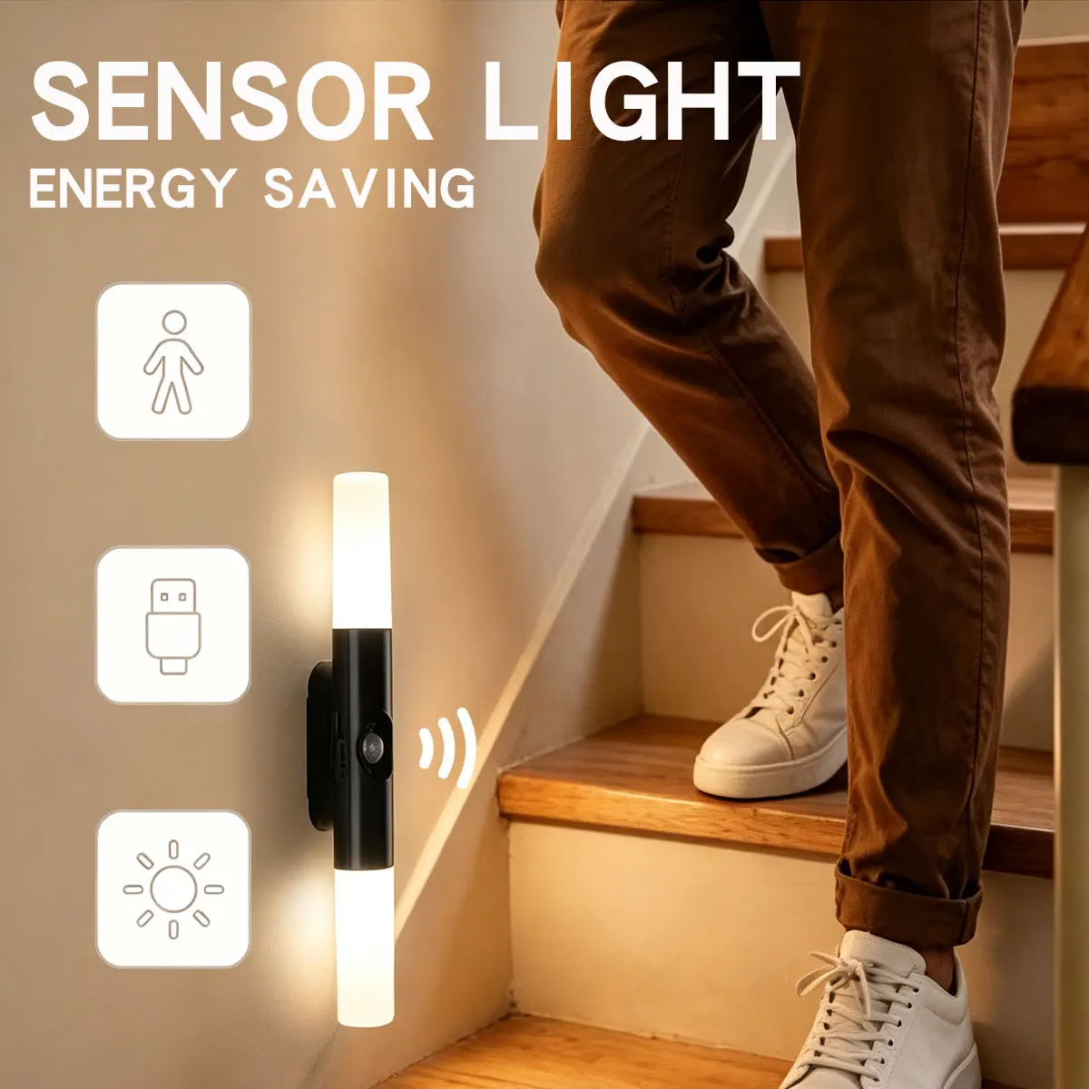 Rechargeable Wireless Motion Sensor Wall Lamp Dimmable 3‑Color RGB LED Sconce Night Light For Staircase Closet Bathroom Hallway