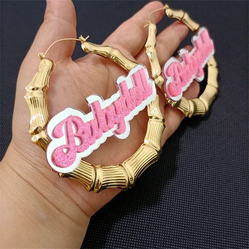 KUGUYS Bamboo Mirror Glitter Pink Letters Hoop Earrings for Women Acrylic Gold Color Hyperbole Jewelry Fashion Accessories