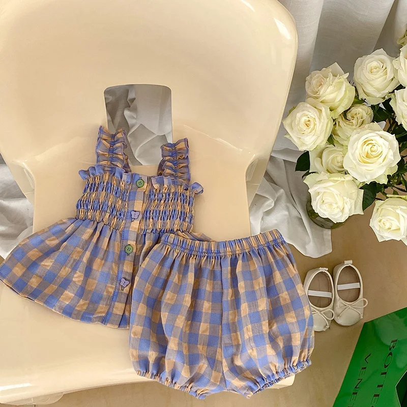 0-3Y Purple Yellow Plaid Flare Shoulder Princess Kids Baby Girls Tutu Dress Bloomer Set 2PCS Baby Active Clothing Set