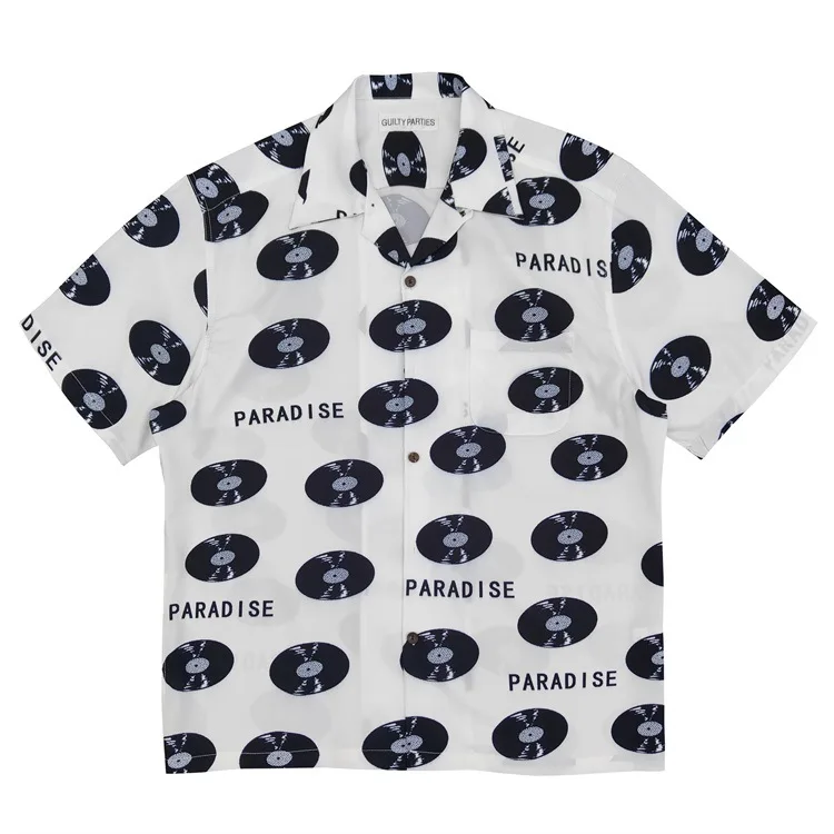 Japanese Hawaii Records Printing Summer Fashion Cotton Oversized Loose Tee Tops Shirt for Men