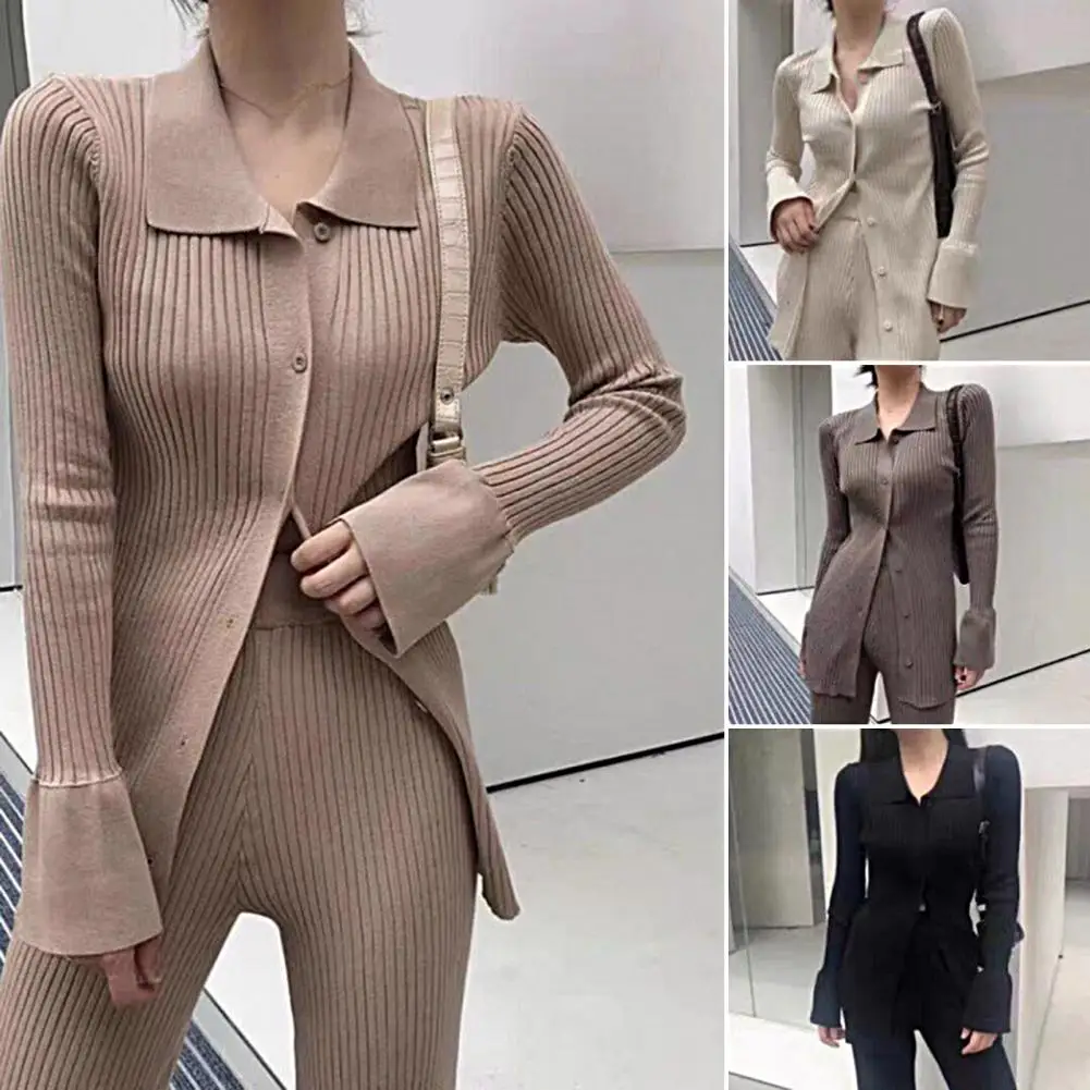 Fall Winter Knitted Two-Piece Women Sets Long Sleeve Lapel Button up Ribbed Sweater Tops+High Waist Pants Lady Suits