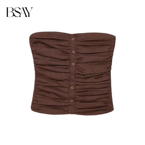 BSAY Top para Mujer moda verano un solo pecho sin tirantes plisado elástico ajustado corsé chaleco sin mangas Chic señoras Crop Tops Mujer