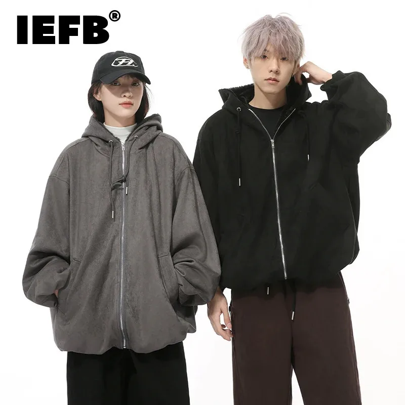 IEFB Korean Style Solid Color Men's Sweatshirts Hooded Drawstring Loose Zipper Simple Tops Casual Male Hoodies Autumn 9C9324