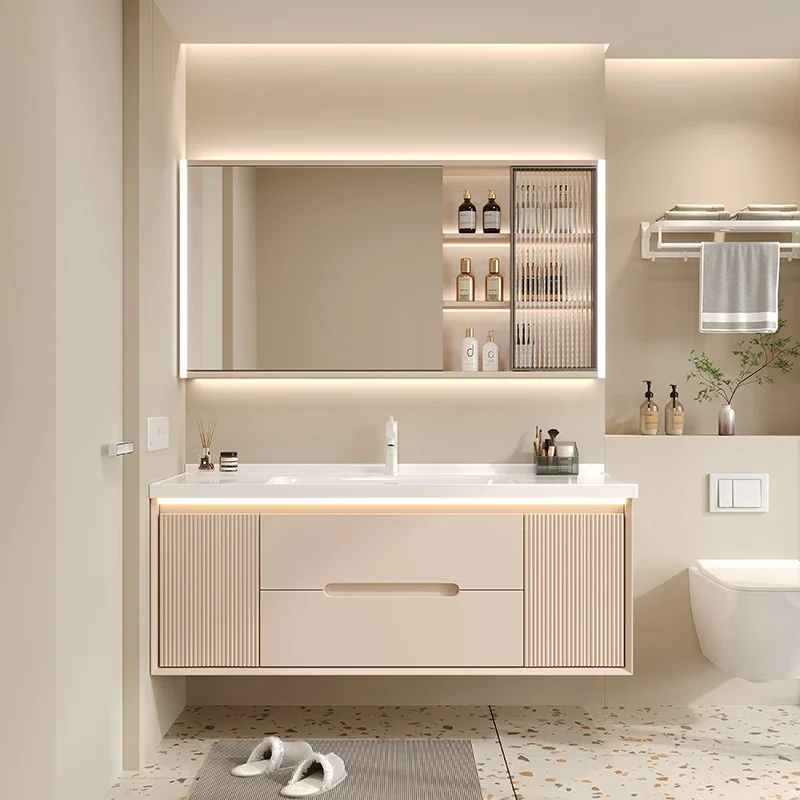 Light Luxury Cream Bathroom Cabinet Combination Modern Minimalist Ceramic Integrated Hand Wash BasinFurniture